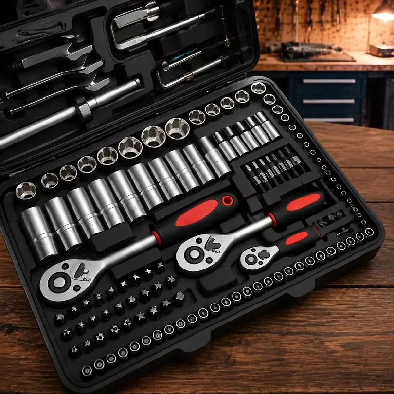 46-Piece Socket Set in Chrome Vanadium Steel with Ratchet, Extensions, and Portable Case for Auto and Home Repairs