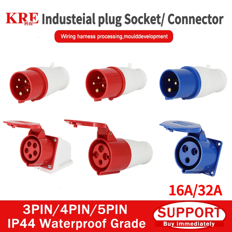 KRE 3PIN 4PIN 5PIN 16A 32A IP44 Waterproof Industrial Plug Electrical Connection Wall Mount Socket Connectors