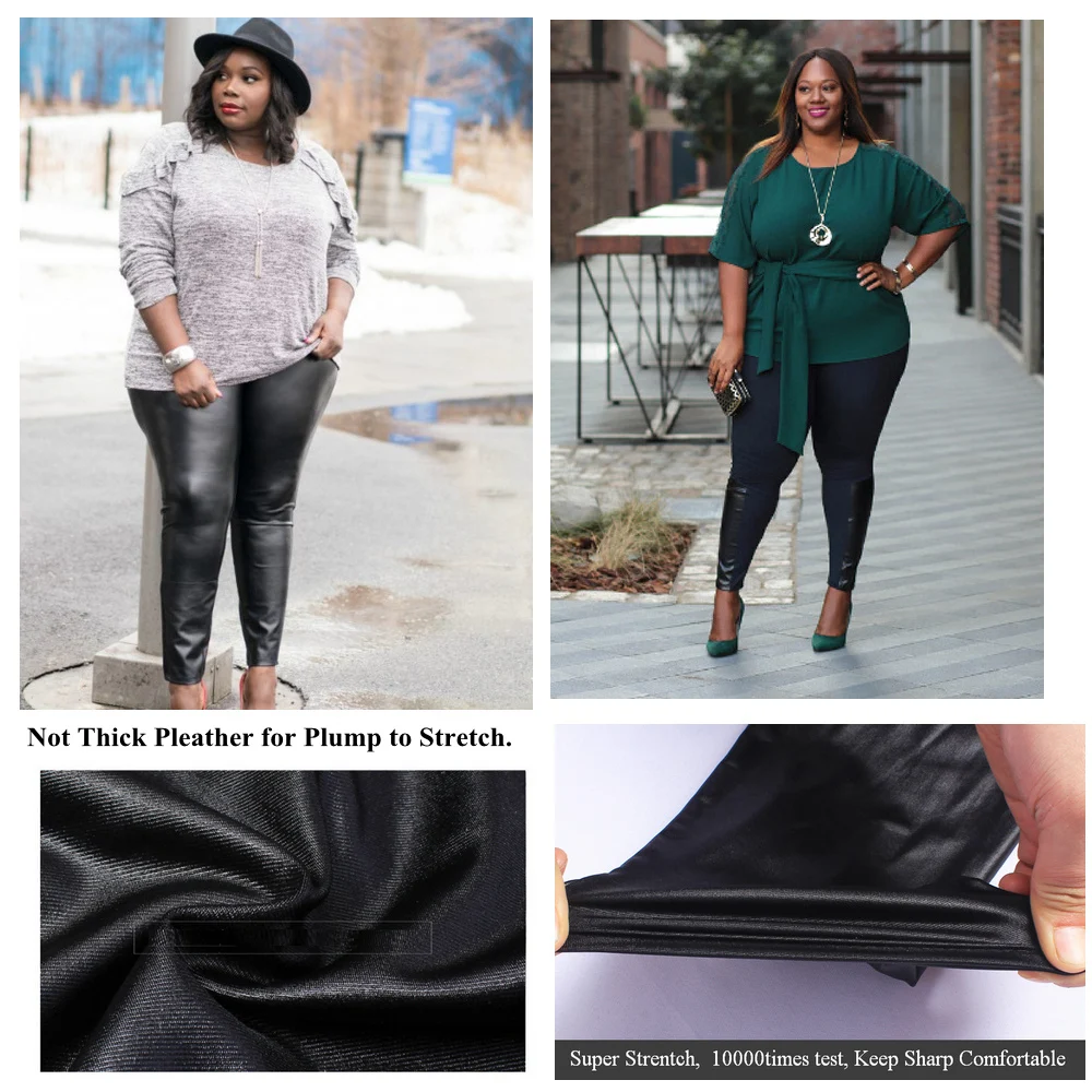 Plus Size Kunstleder-Leggings aus glänzendem Stoff, schwarze Mädchen-Spandex-Leggings aus Kunstleder, dehnbar, hohe Taille, Jegging, Vestir Elegante – Detail 10