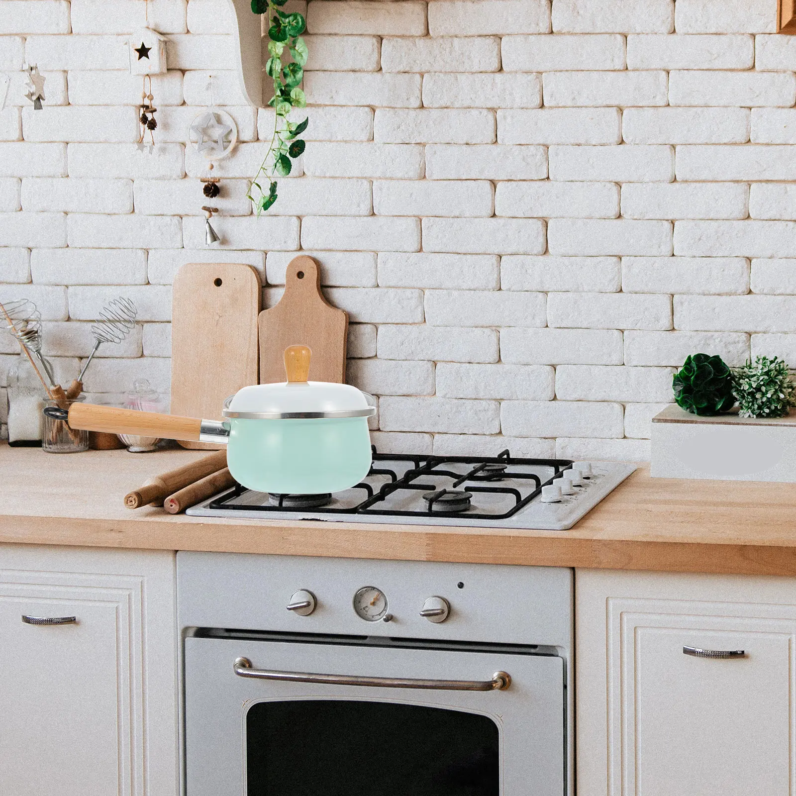 

Enamel Milk Pot Wooden Handle Even Heating Easy Carry Smooth Surface Home Kitchen Soup Pot Household Food Cookware Baby Saucepan