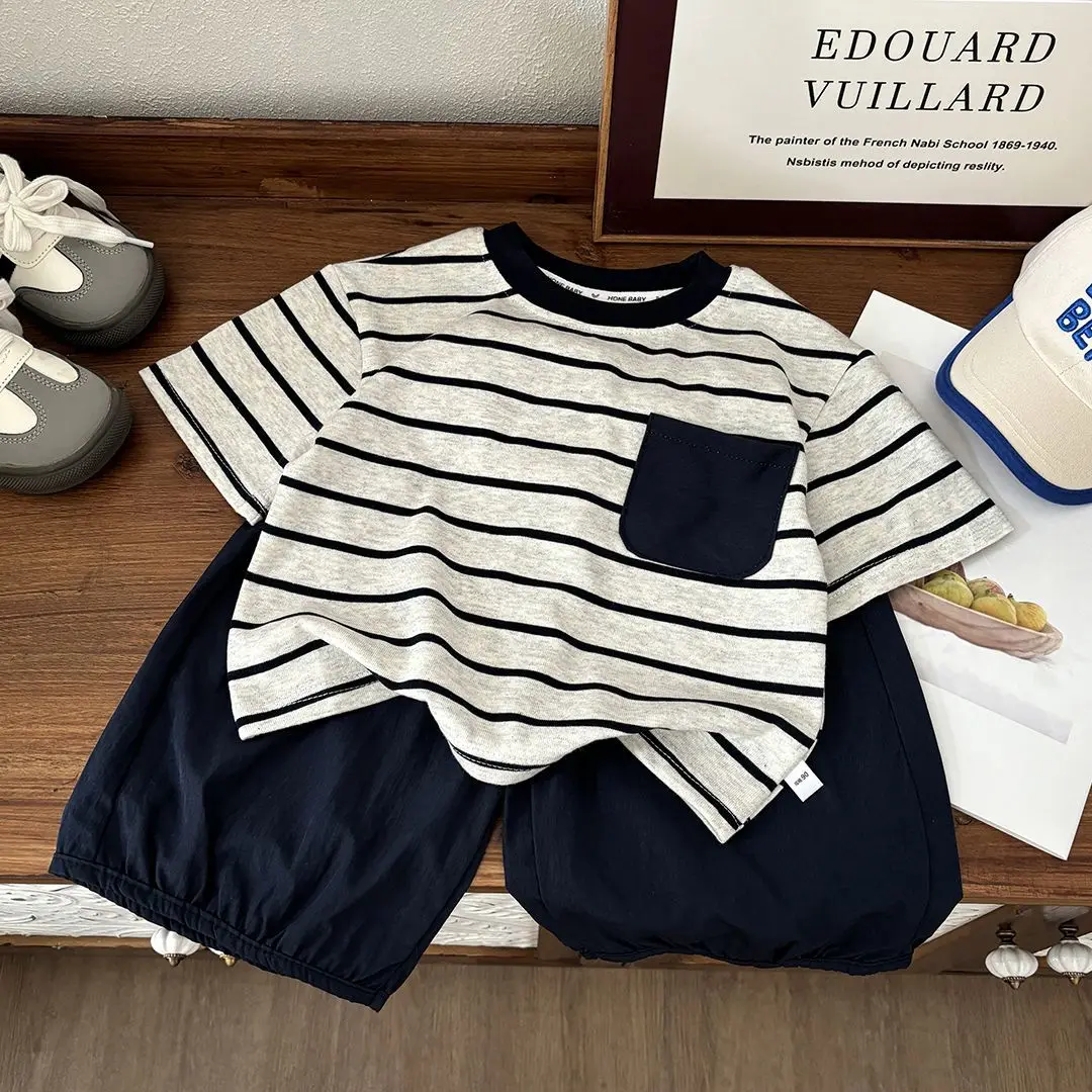 

Striped Short-sleeve Set 2025 Children's Clothing Shorts Kids Sweatshirt Junior Boys' Summer Designer Clothes From 4 Wear Top