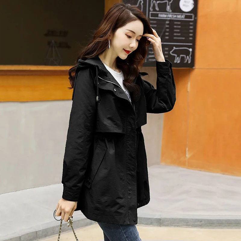 Hooded Trench Coats For Women Adjustable Waist Cargo Jackets Khaki Oversized 3xl Loose Gabardina Spring Fall Korean Windbreaker