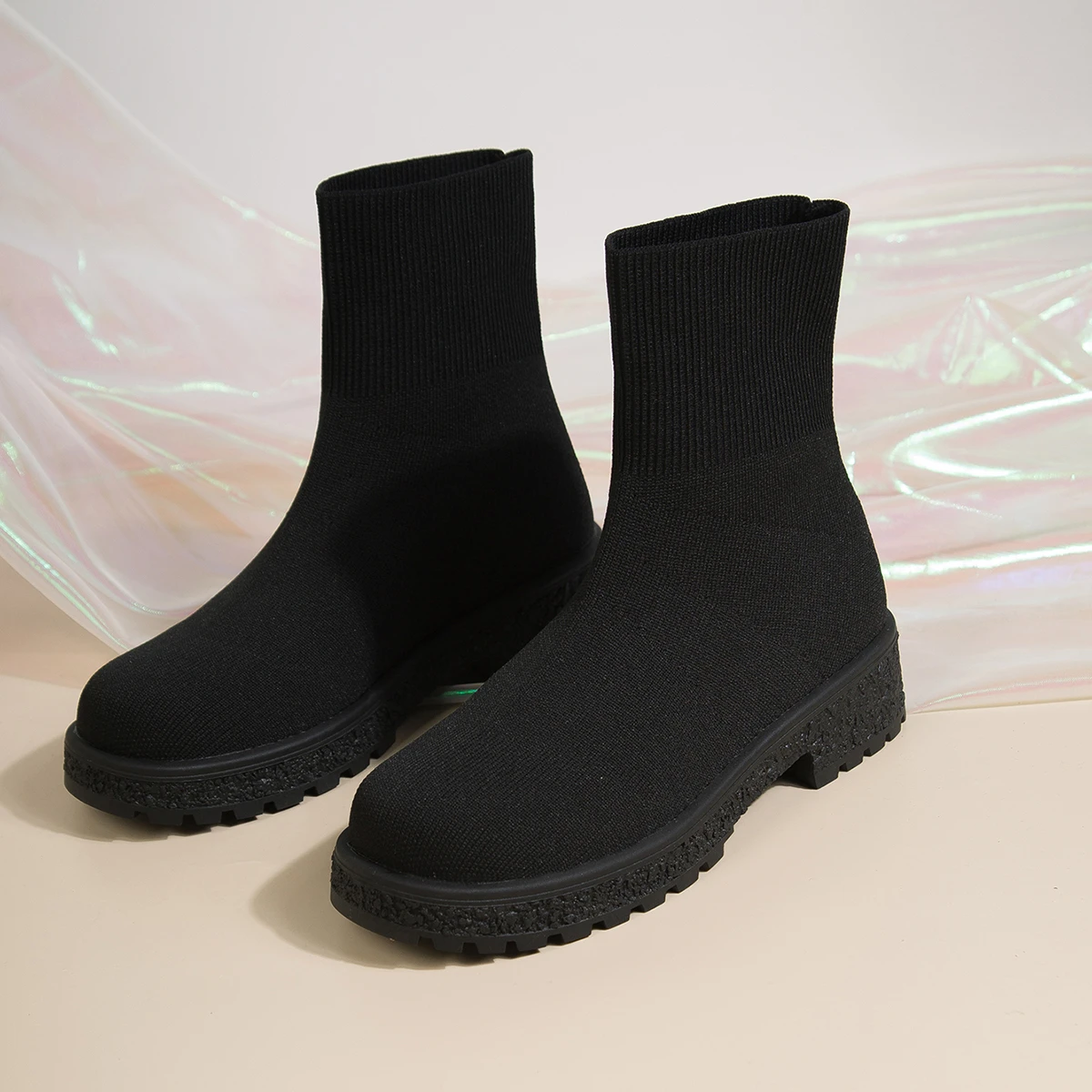 Mesh-Damen-Stiefeletten, modische Sockenstiefel, bequeme, atmungsaktive Slip-on-Damenstiefel, hohe Stiefel mit dicken Sohlen – Detail 5