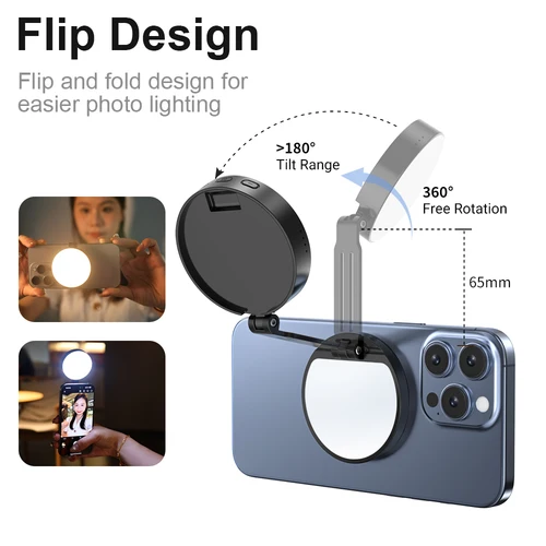 Imagen 2 del producto LUXCEO R1 MagSafe Flip Selfie Luz de relleno para Vlog Livestream Fotografía Luz magnética portátil para teléfono inteligente para iPhone