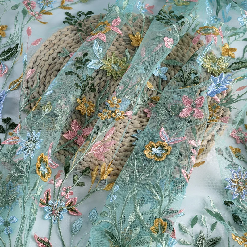 New Multi-color Floral Floating Border Embroidery Mesh Lace Fabric Handmade Wedding Dress Clothing Decoration Accessories
