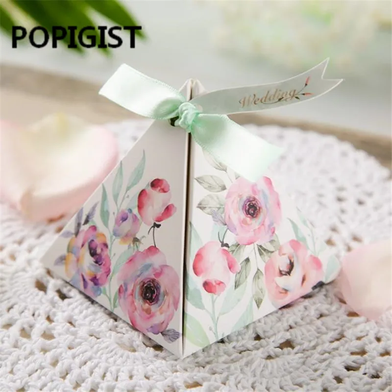 Promotional Exquisite Triangular sweet Camellia rose Flower Wedding Favors Candy Boxes Chocolate Gifts Box packaging box