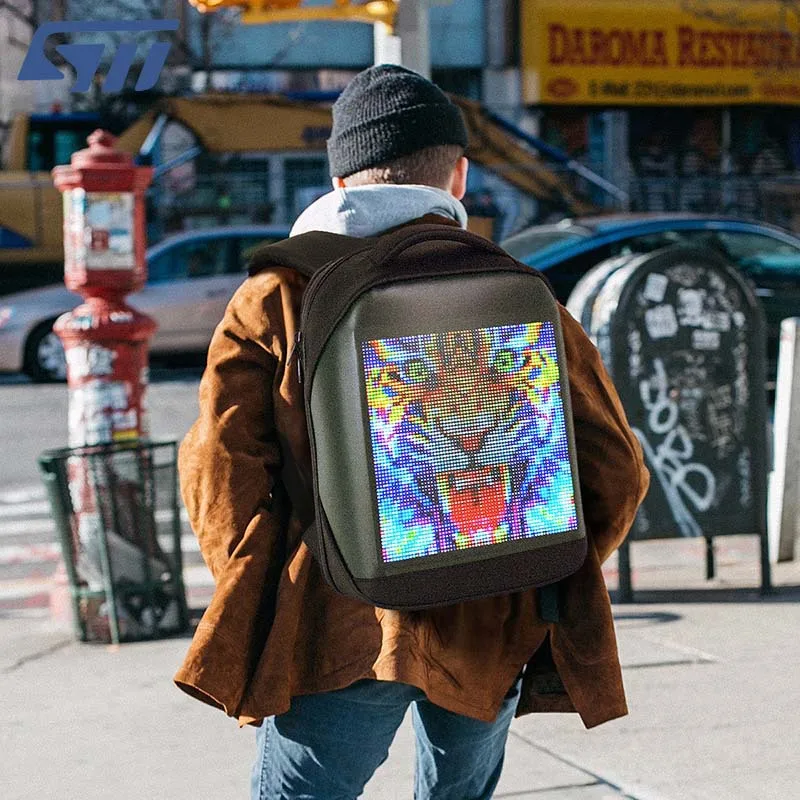 

Custom Led Backpack Display Human Walking Advertising Diy Dynamic Full Color Led Screen Panel Power Bank Battery Smart Backpack