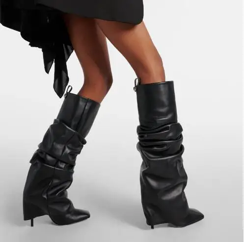 

Drop Shipping Women Black Matte Leather Pleated Pointed Toe Tube Slip On Knee High Pants Boots Female Long Botas Shoes Size 43