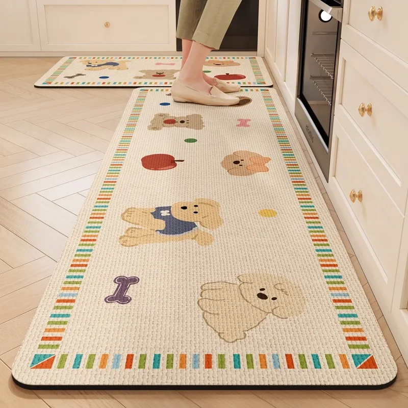 Kitchen Carpet PVC Leather Waterproof Floor Mat Cute Puppy Pattern Carpets Anti-slip Rug Home Decor Rug Alfombra de cocina