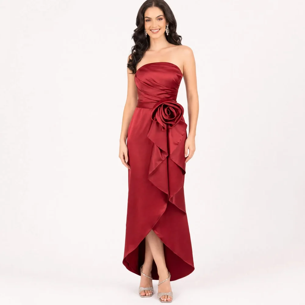 Customized Satin Strapless Ruffles Handmade Flowers Hi-Lo Evening Dresses Front Split  Ankle Length Backless Prom Gown