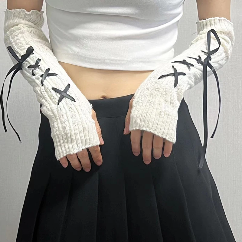 Y2K Dark Lolita style Tie Ribbon Knitted Sleeve Arm Cover Sweet Hottie Street Cool Girls Jk Lace-Up Cuffs Fingerless Gloves