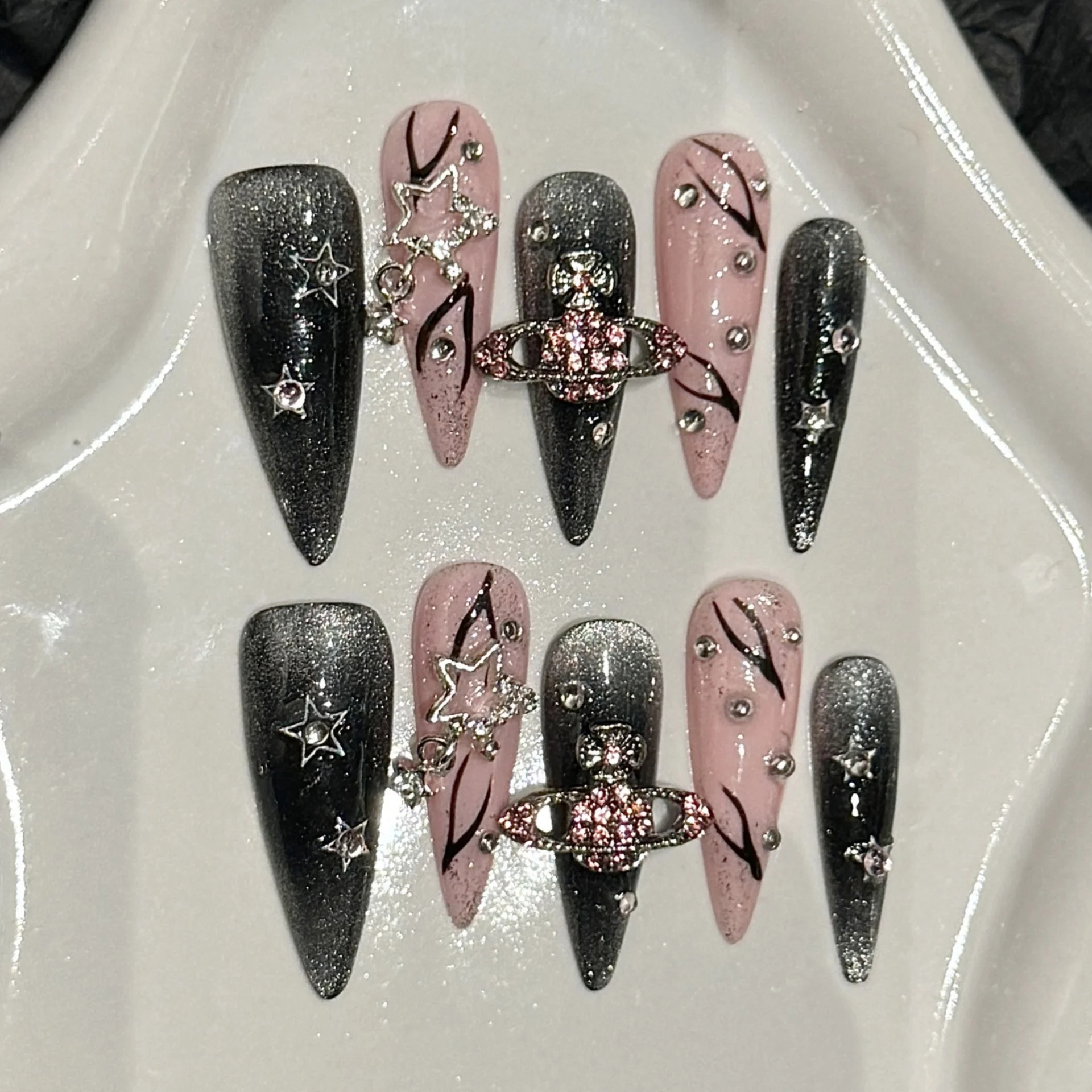 10pcs Long Ballerina Wearable Fake Nails Glitter Pink Balck Y2k Star Planet Designs Press On Nail European Handmade False Nails