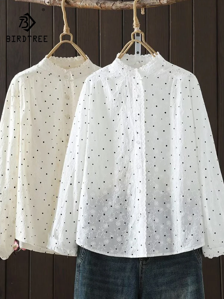 

Новая женская хлопковая блузка с длинным рукавом на весну 2026 года, с вышивкой и принтом в горошек, в стиле Mori Girl, японский шик, свободный крой, T61455CC