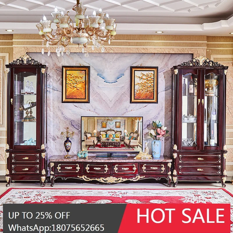 

SGF European Style Solid Wood TV Cabinet Marble Surface Coffee Table Set Floor Cabinet
