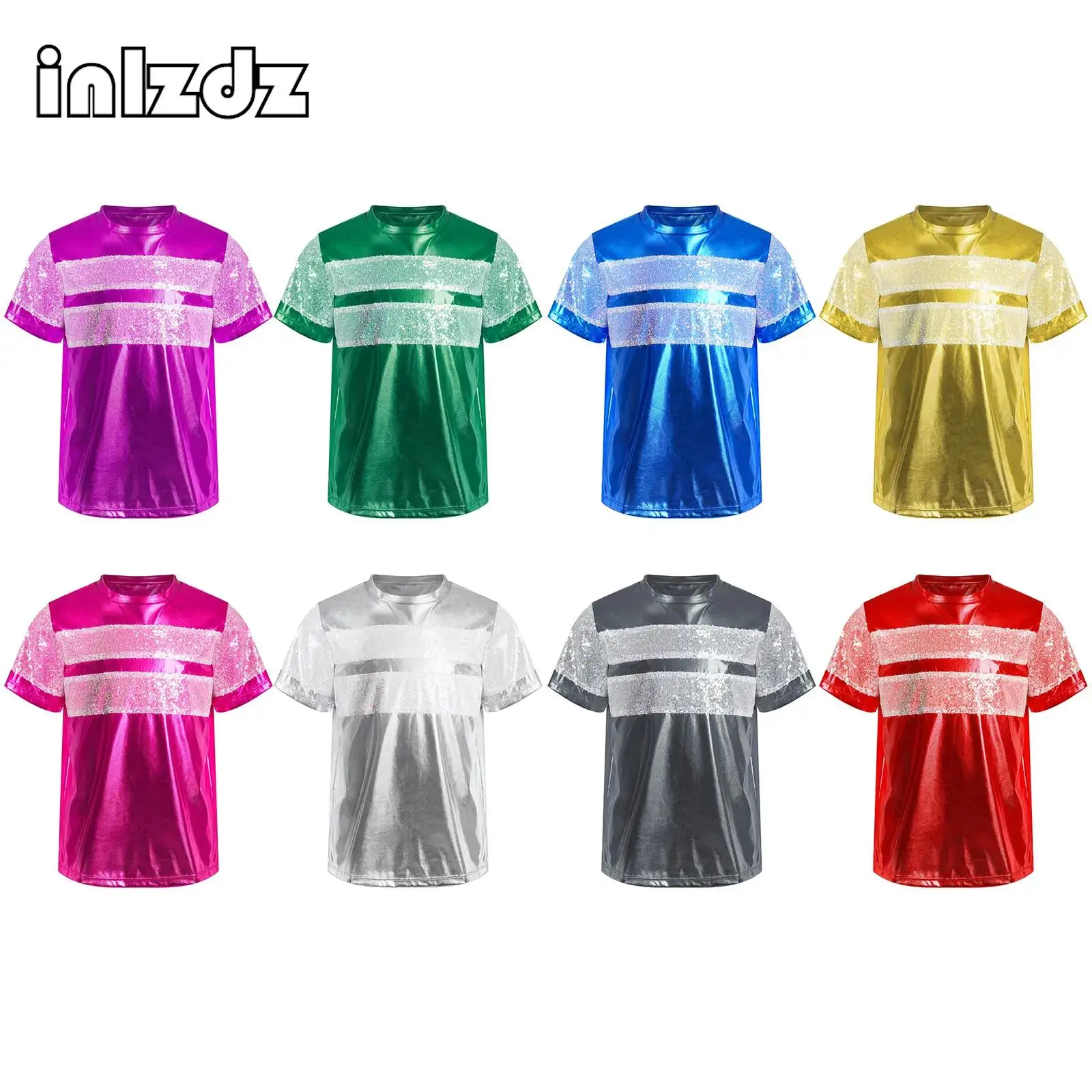 

Unisex Kids Girls Boys Metallic T-Shirt Short Sleeve Shiny Sequins Patchwork Tops for Jazz Dance Birthday Party Performance Wear