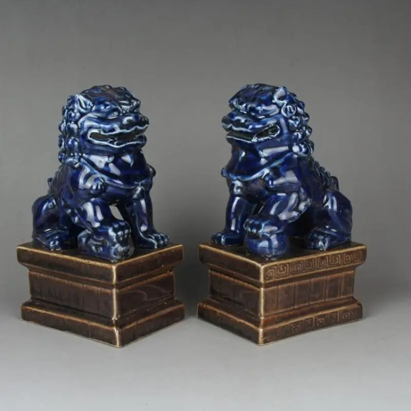 6.2" Collect China Jing De Zhen Blue Glaze Porcelain Duad Lion Figurines Statues view 2