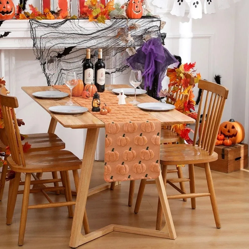 Comfortable Halloween Table Runner Soft Texture Rectangular Pumpkin Table Cover Long Creative 3D Tufting Dining Tablecloth