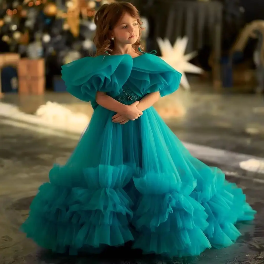 

Customized Flower Girl Dresses Cyan Tulle Tiered Diamond Appliques Short Sleeve For Wedding Birthday Party Banquet Princess Gown