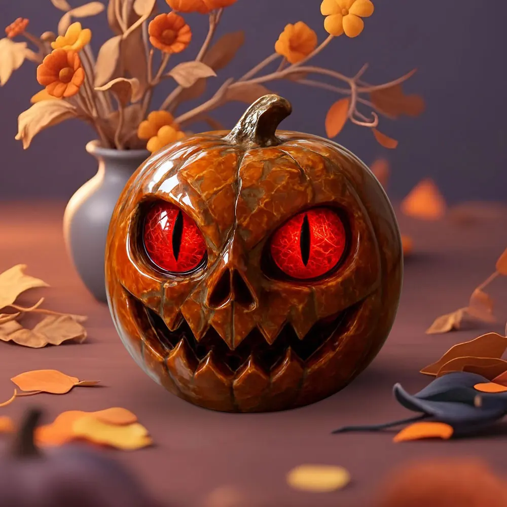 تصميم فريد من نوعه على شكل يقطين مصنوع يدويًا تمثال يقطين أحمر العينين مظهر رخامي من الراتنج مع عيون كهرمانية ديكور سطح الطاولة للهالوين