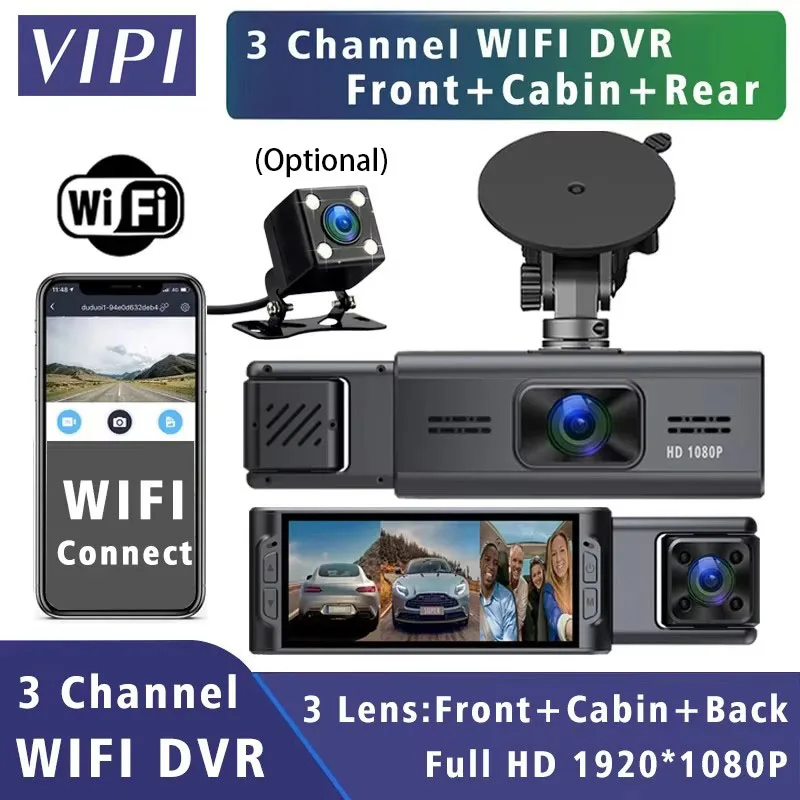 

Wifi 3 Channel Car DVR 1080P Dash Camera Three Lens Dashcam Vehicle Video Dash Cam Drive Recorder Interior Mini Dvrs Black Box