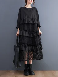 Ruffles Mesh Floral Black Vintage Dress Women Long Sleeve Loose Casual Midi Ladies Dresses Fashion Clothing Spring Autumn 2025