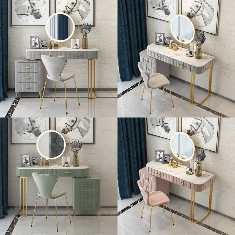 Marble Vanity Set with Stool Compact Dresser Table Drawers Makeup Desk for Small Apartment Bedroom Home Furniture