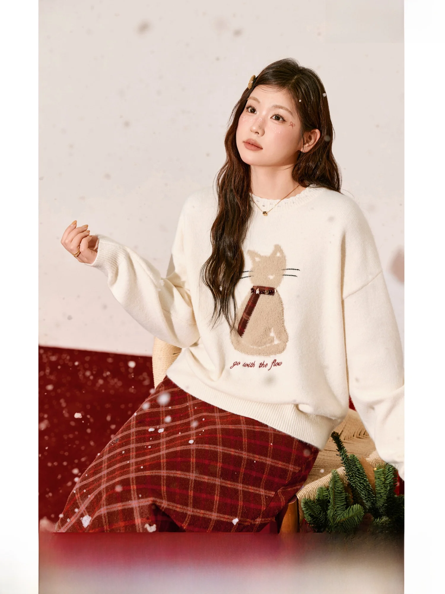 

Blue Language Large Size Knitted Sweater Cisas Sle Plaid Slim Fit Long Skirt Set Women's Daily Wear Soft round Ne Lon...