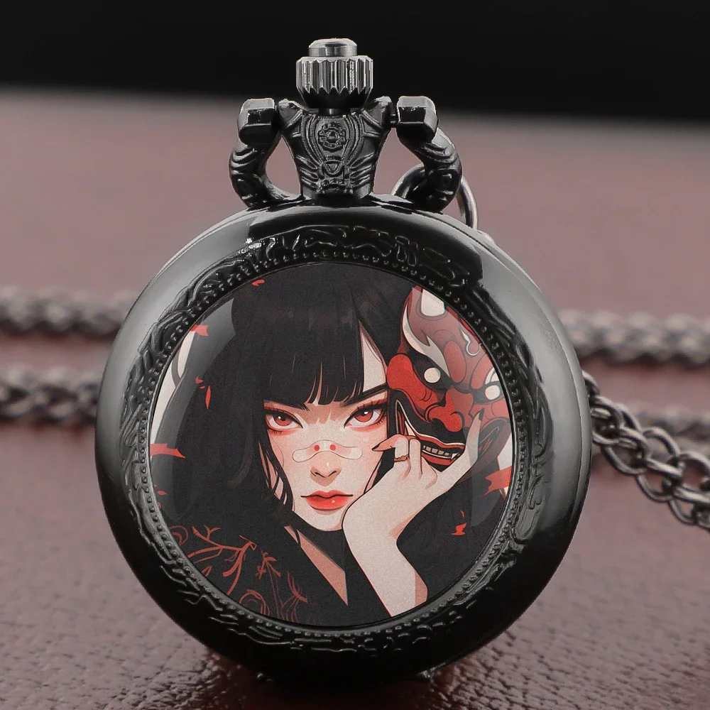 

Mask Girl Glass Dome Quartz Pocket Watch Arabic Numeral Dial Vintage Men Women Children Necklace Pendant Creative Clock Gift
