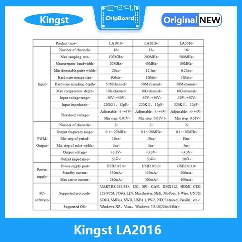 Kingst LA2016 Analizzatore logico USB Frequenza di campionamento massima di 200 M, 16 canali, campioni 10B, MCU, ARM, strumento di debug FPGA, software inglese