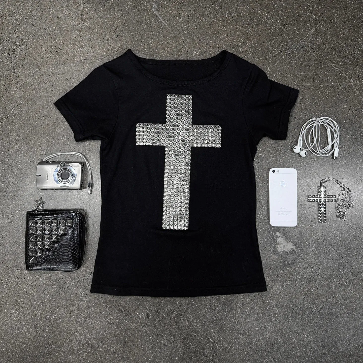 European and American summer new product Gothic style cross hot stamping print round neck T-shirt slim fit short top