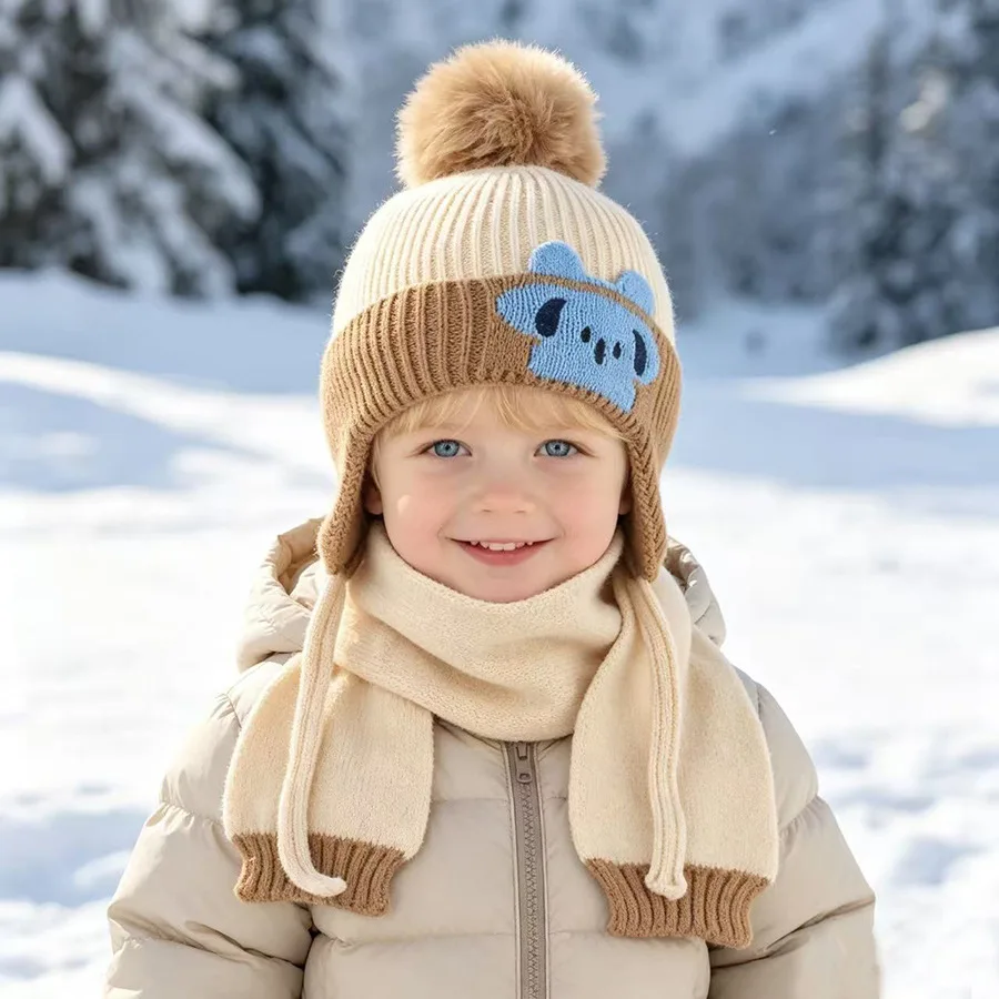 2pcs 1-6Y Autumn Winter Hat Scarf for Boys Girls Panda Dinosaur Jacquard Hat Scarf Set Plus Velvet Ear Protection Knitted Hat