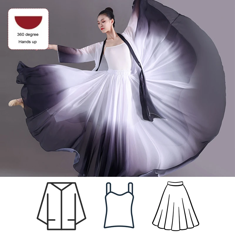 NONE 3-teiliges Set Damen Elegantes Klassisches Tanzkleid mit Oberteil, Trägerkleid, Volkstanz-Farbverlauf-Tanzrock, Ballett-Tanzkostüm 5
