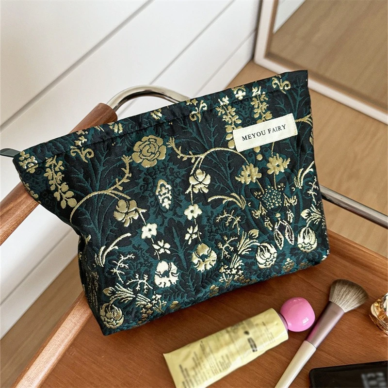 Dark Green Gold Vintage Jacquard Large Capacity Makeup Bag French Court Style Floral Canvas Storage Bag Travel Toiletry Bag