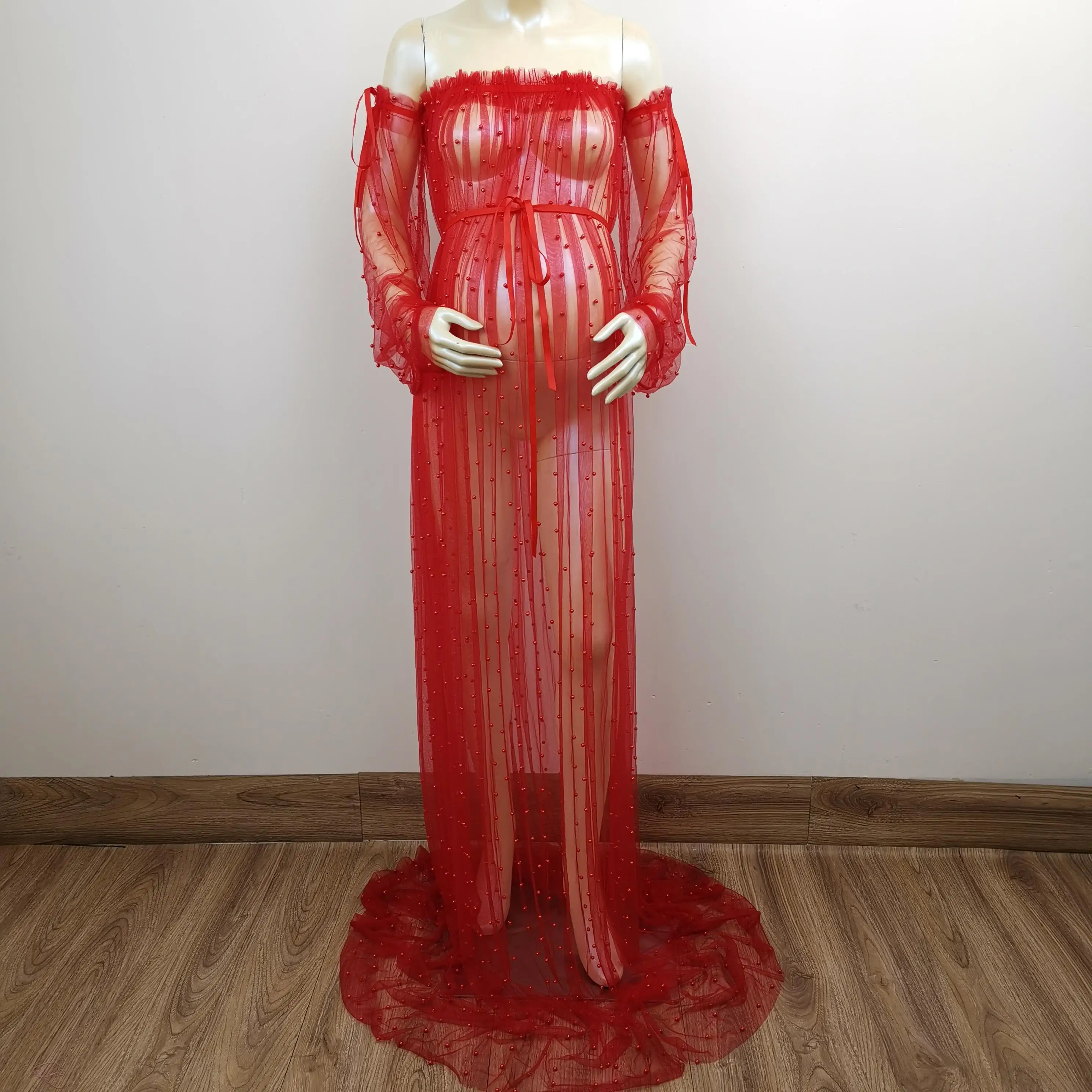 Don&Judy Baby Shower Gowns Sexy Pregnant Women Dresses Solid Maternity See Through Photoshoot Floor-length Maxi for Photography