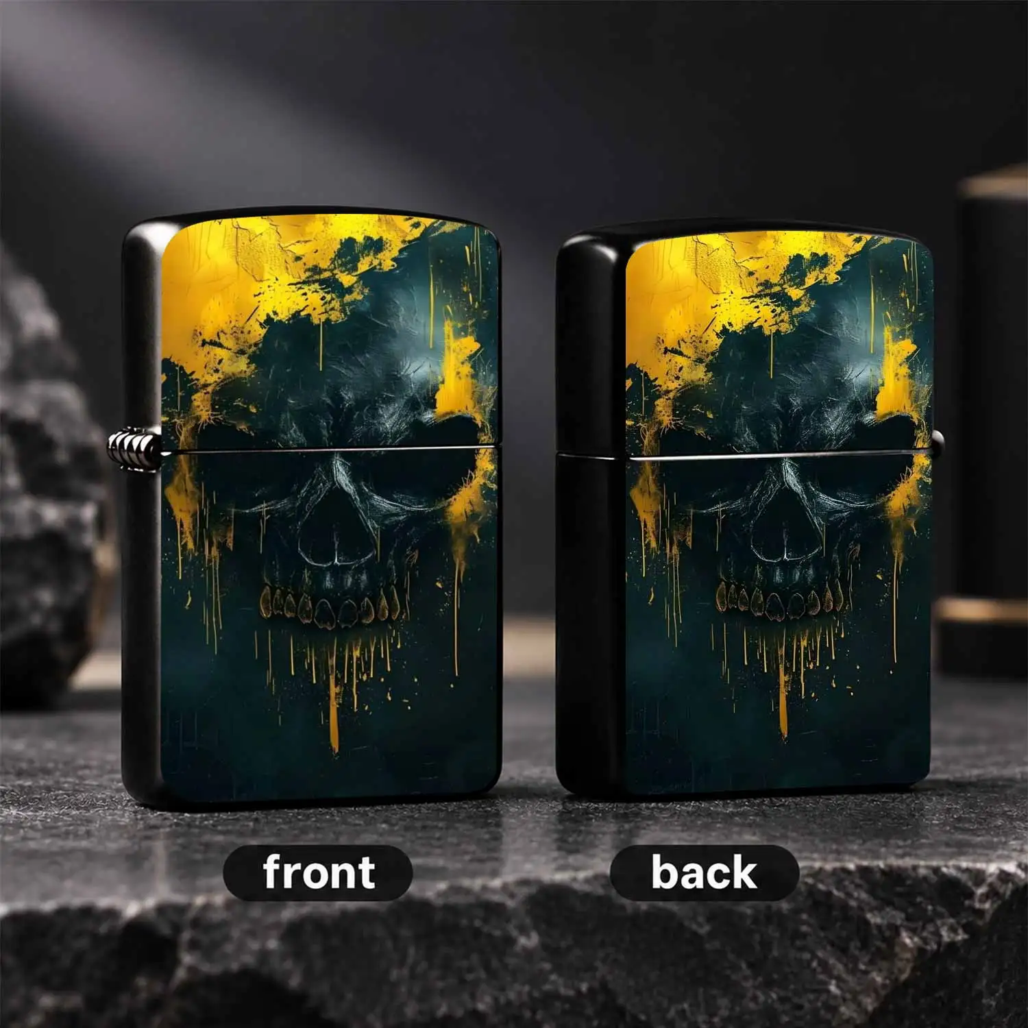 Stylish Dark Gold Skull Art Lighter, Versatile Daily Carry Ignition Tool For Outdoor Camping, Home Use, Creative Unique Decorative Ornament, Ideal Gift Choice For Parties Gatherings And Various Scenarios, Durable High-Definition Printed Art