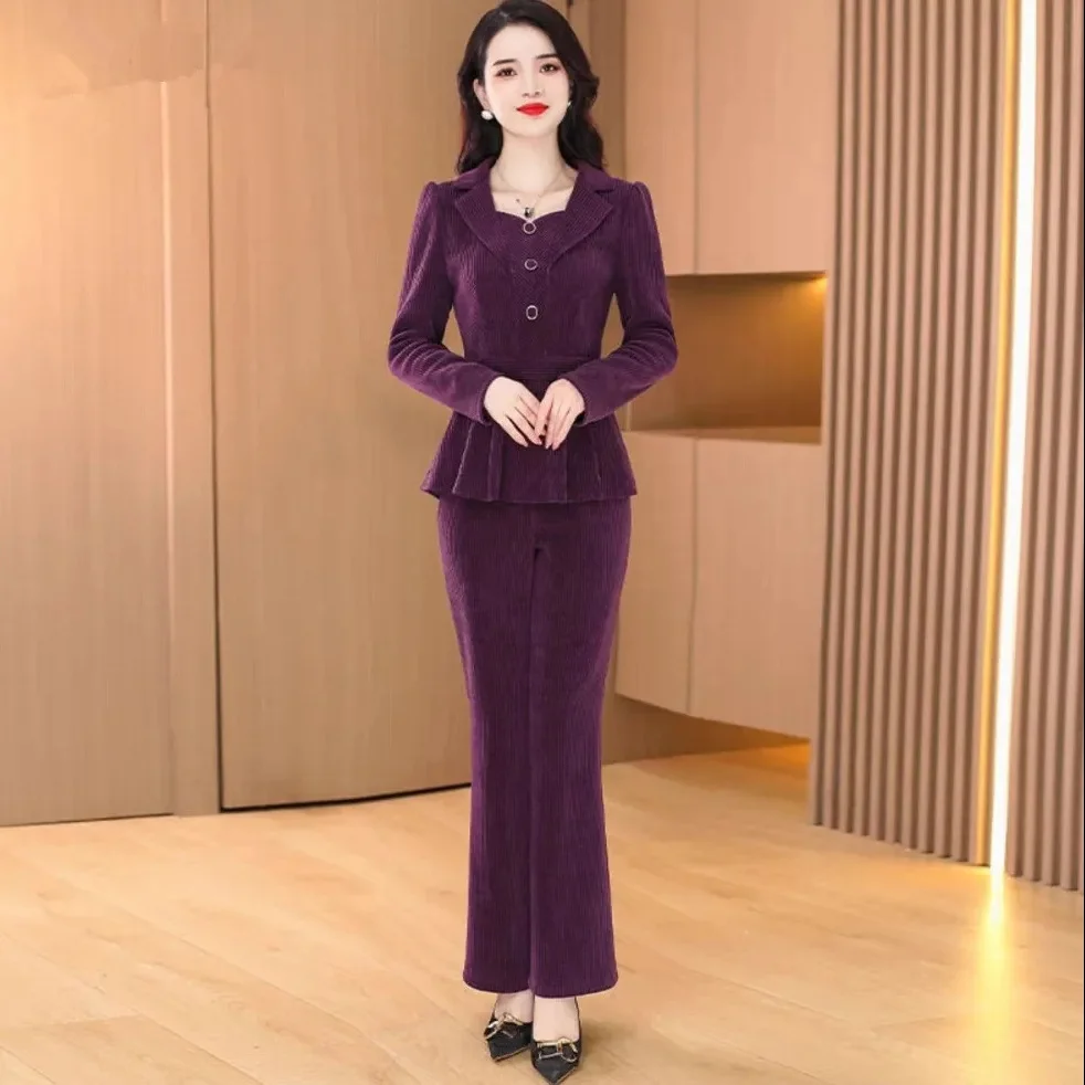 Spring and Autumn New Korean Edition High End Long Sleeved Charm Celebrity Waist Collection Suit Collar Pants Two Piece Set