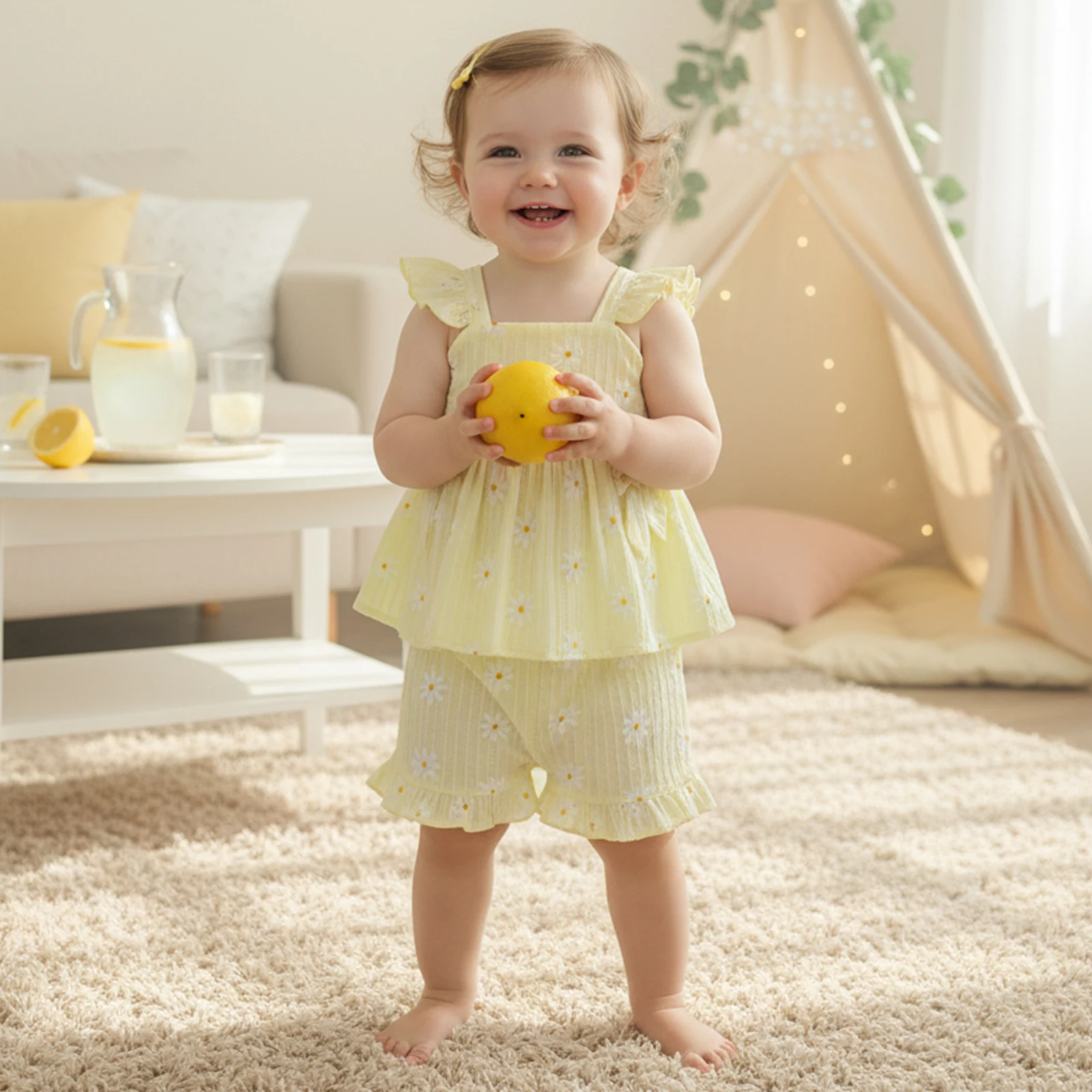 Tregren Toddler Baby Girls 2 Piece Outfits Fashionable Daisy Pattern Sleeveless Square Collar Ruffled Tops and Shorts Set