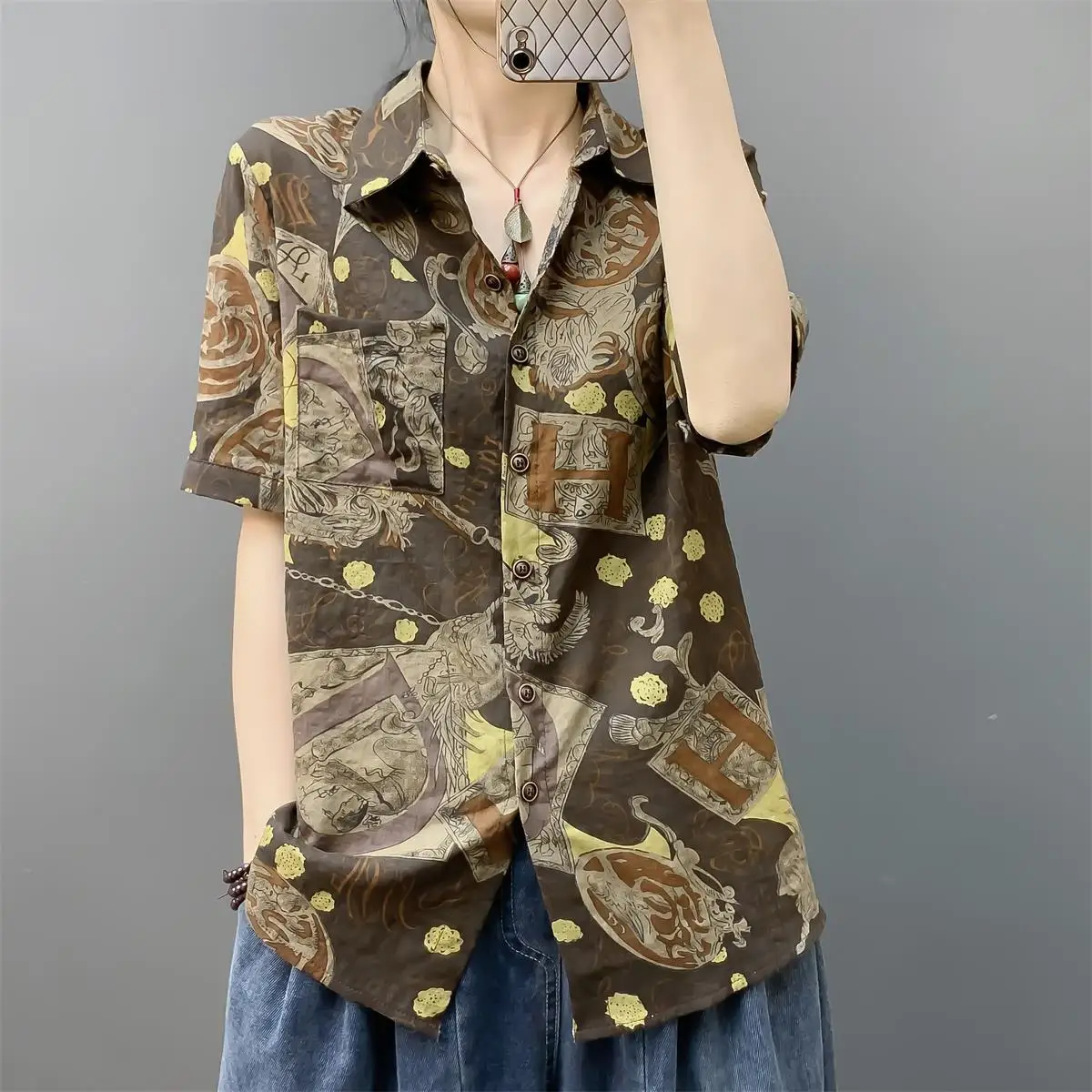 Vintage Casual Paisley Printing Pockets Button Shirt Summer 2023 New Streetwear Polo-Neck Short Sleeve Loose Tops Women Clothing