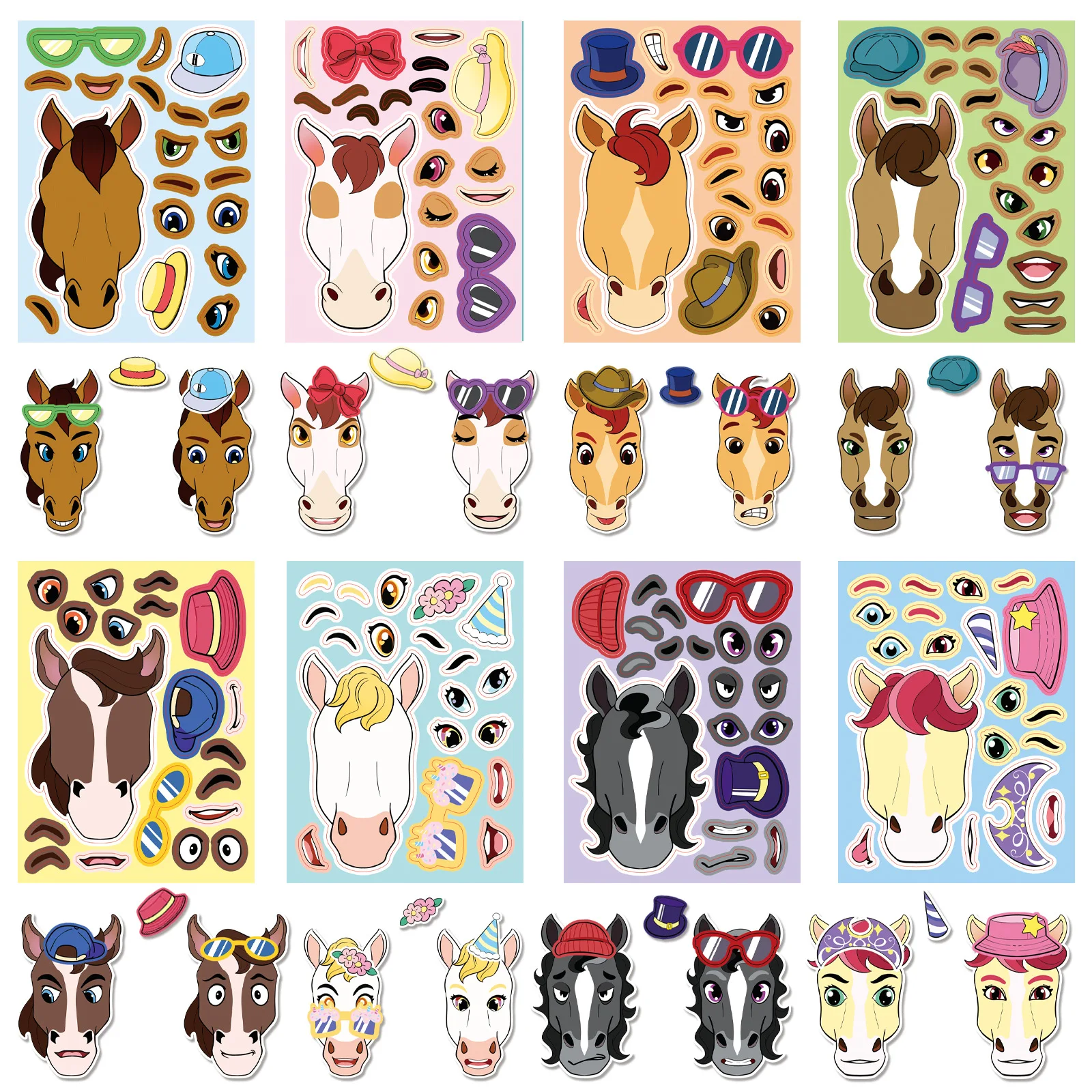 

8/16Sheets Horse Make a Face Puzzle Stickers Doodle for Party Decoration Pencil Box Helmet Scrapbook Luggage Kids Toy Gifts