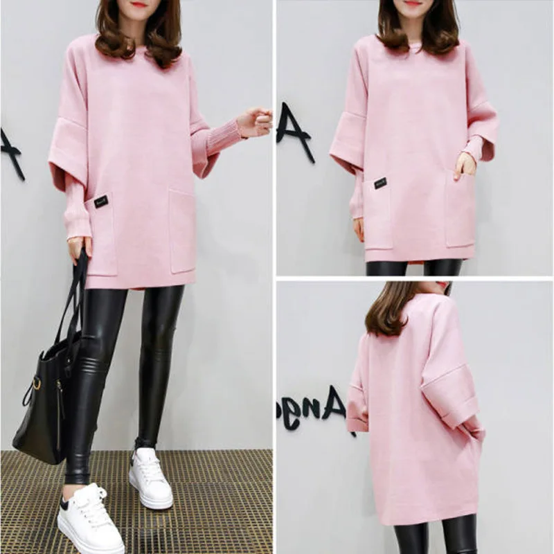 Hoodies women 2026 casual new loose long-sleeved jacket mid-length solid-color top round-neck sweatshirt women's clothing