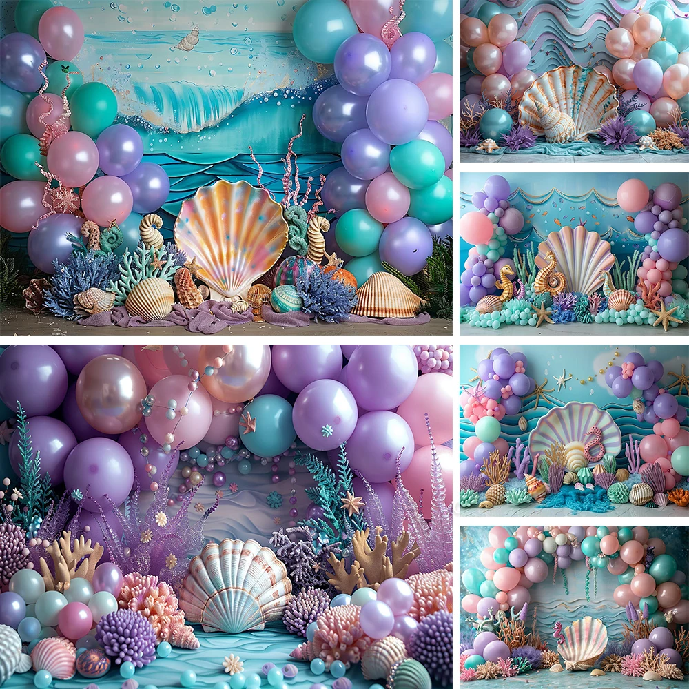 Mermaid Princess Girl Birthday Party Background Blue Underwater Purple Balloons Seashell Backdrop Decor Kids Cake Smash Studio