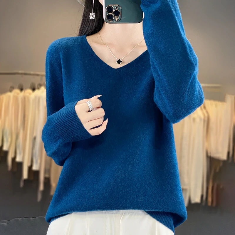 

Весенне-осенний новый модный трикотаж с v-образным вырезом, однотонный пуловер, свободная удобная женская одежда с длинными рукавами-Z047