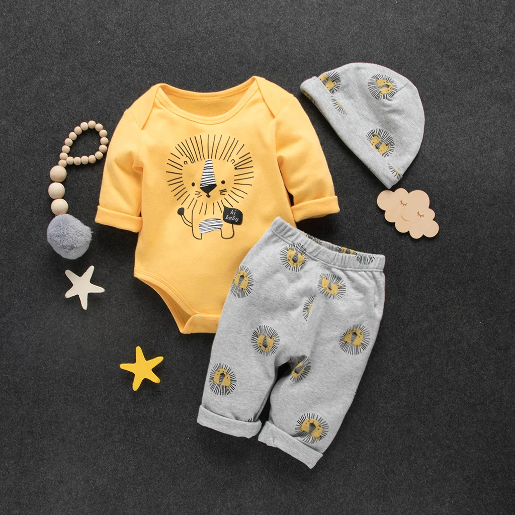 

PatPat 100% Cotton 3pcs Lion Print Long-sleeve Yellow Baby Set