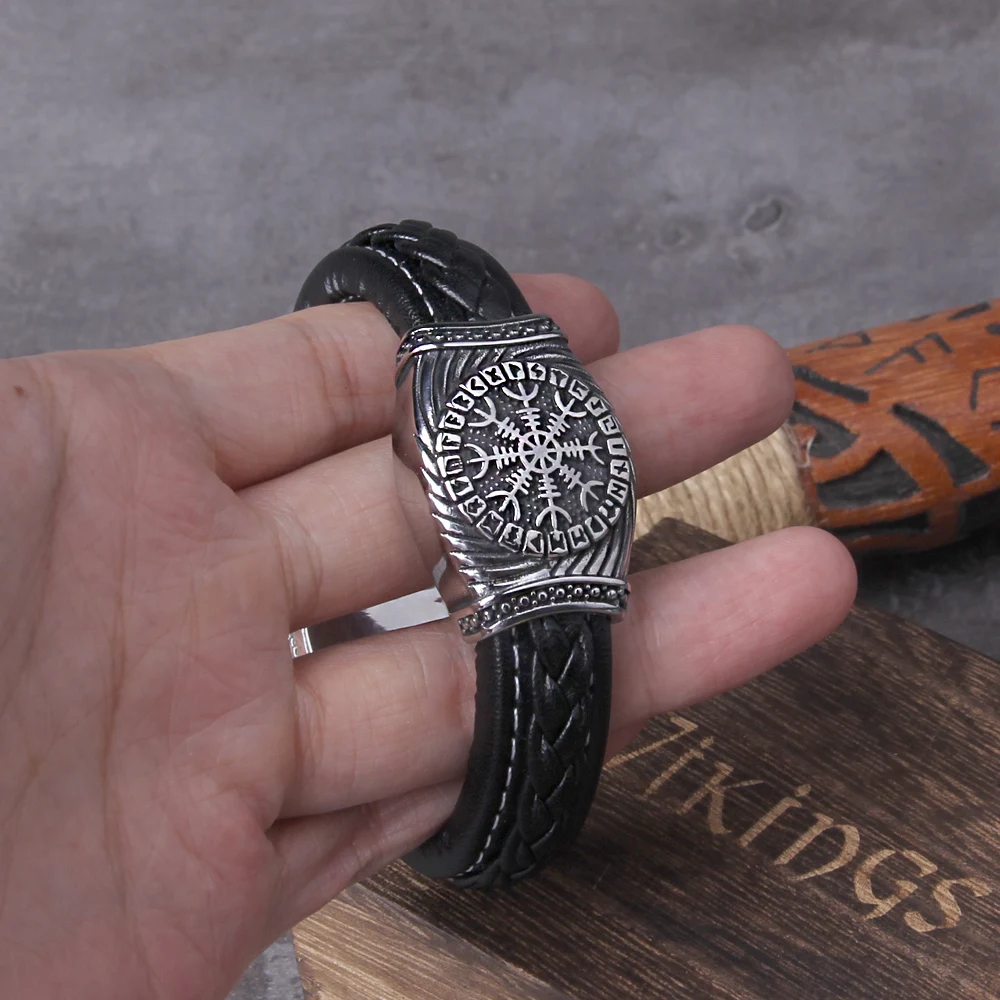 316L Stainless Steel Viking Vegvisir Compass Pendants Bangle Nose Runes Men Jewelry Odin Symbol Leather bracelet - view 4
