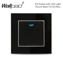 1 2 3 Gang EU Switch with LED Indicator Wallpad Black Crystal Glass 110V-250V  2 Way Cross Rocker Push Button Switch Round Box