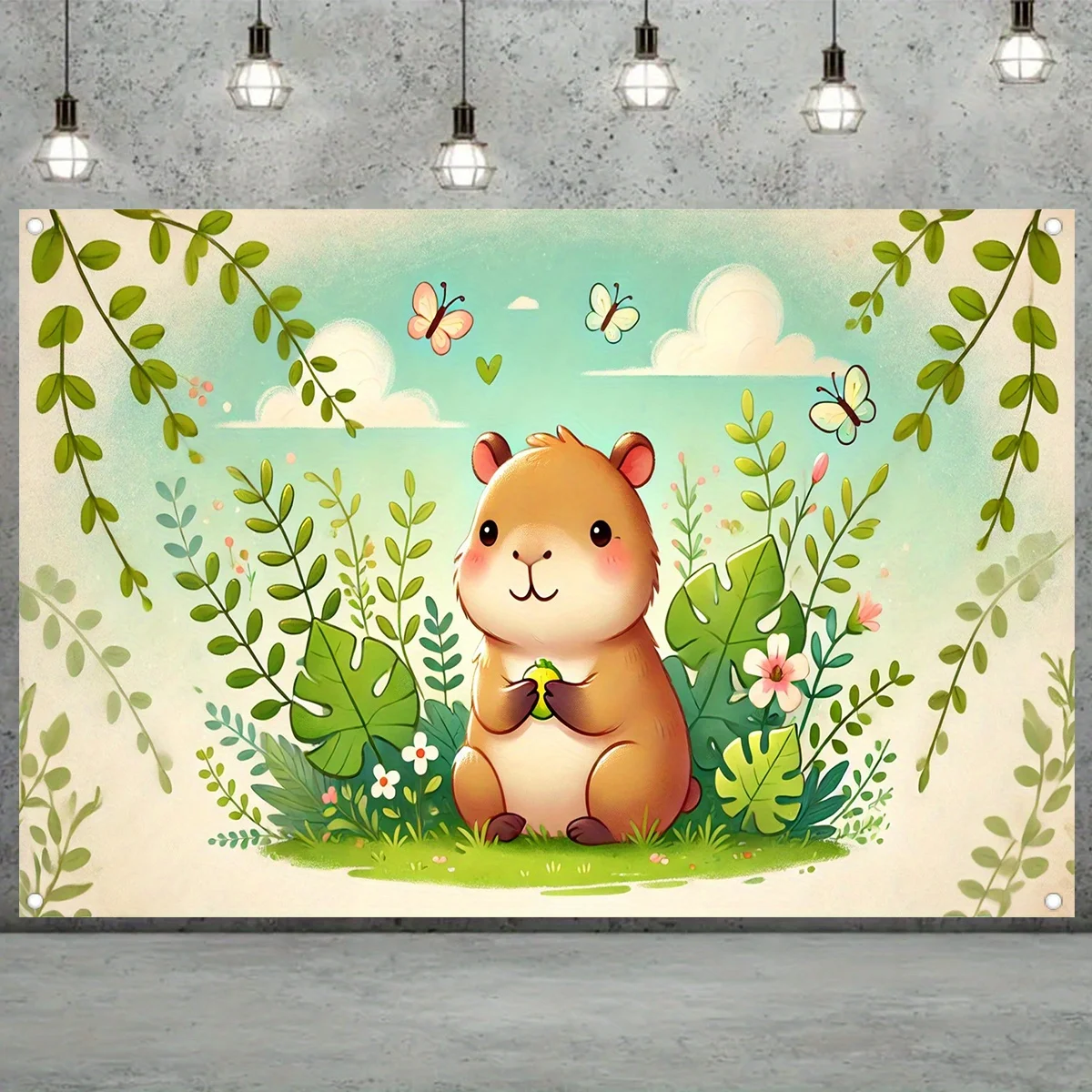 1-teilig, ein süßer Capybara unter Blumen, ein strapazierfähiges Polyester-Banner, ein glücklicher Capybara-Fotohintergrund, eine Geburtstagsfeier