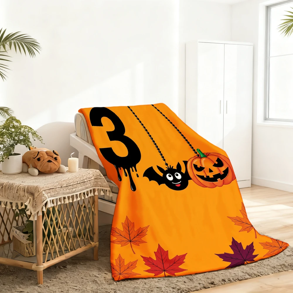 1pc Halloween Pumpkin Bat And Number 3 Print Flannel Blanket Soft Comfortable Warm Bed Cover Autumn Winter Season Home Bedroom Sofa Decor Halloween Thanksgiving Christmas Festival Gift