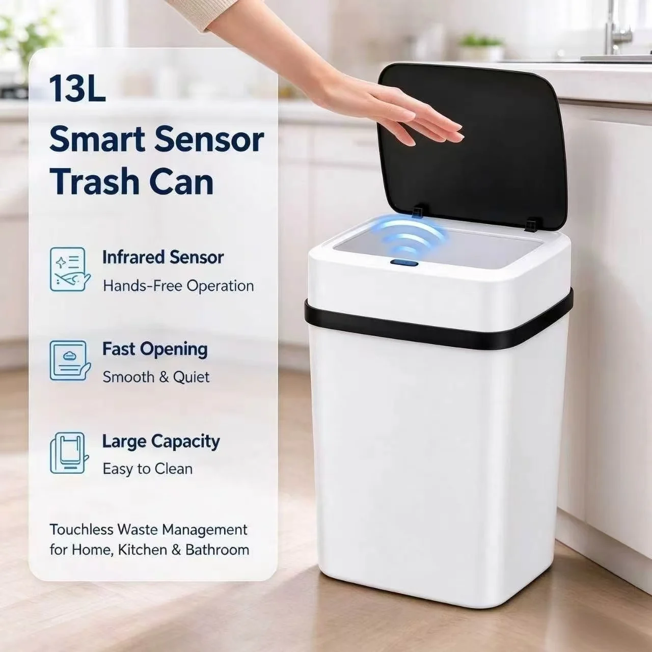 13L Smart Touch‑Free Automatic Trash Can Battery‑Operated Sensor Dustbin for Kitchen Bathroom Home Office