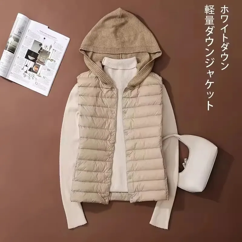 Knitted Hooded Down Waistcoat Jacket Winter Women Warm Light Thin White Duck Down Vest Coat Parkas Ladies Sleeveless Short Tank