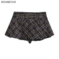 KEYANKETIAN 2024 New Launch Women Low Rise Diamond Plaid Pleated Skirt Retro Y2K Hot Sweet Summer Side Zipper A-Line Mini Skort